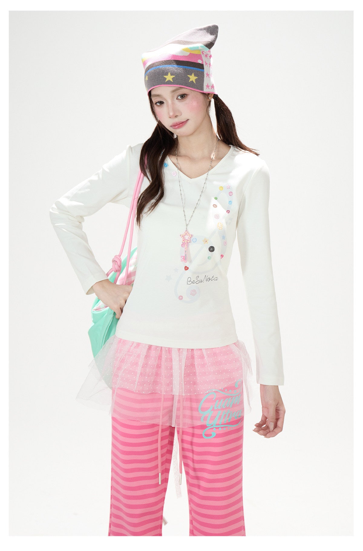 Music Note Star Button V-Neck Long Sleeve Top & Pink Stripe Wide-Leg Pants