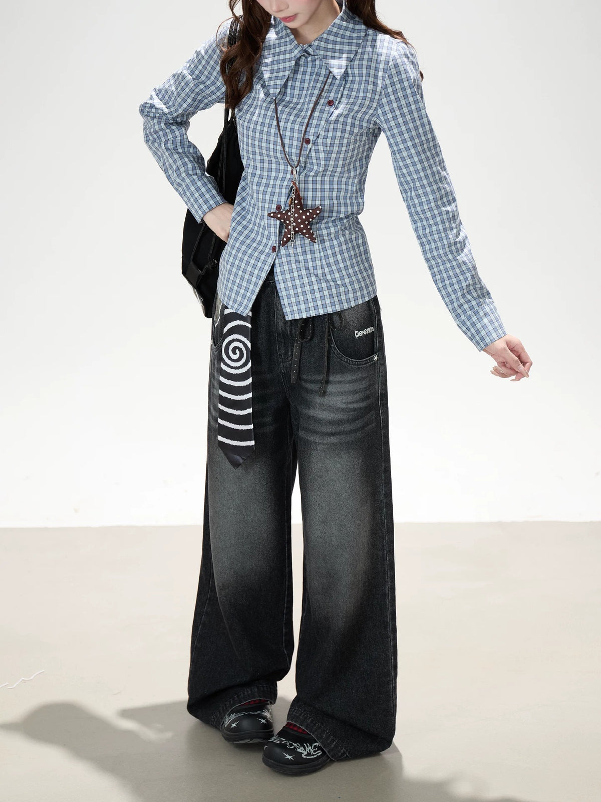 Blue Check Asymmetrical Shirt & Washed Wide-Leg Pants