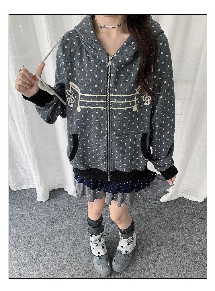 Polka Dot Music-Note Embroidered Zip Hoodie