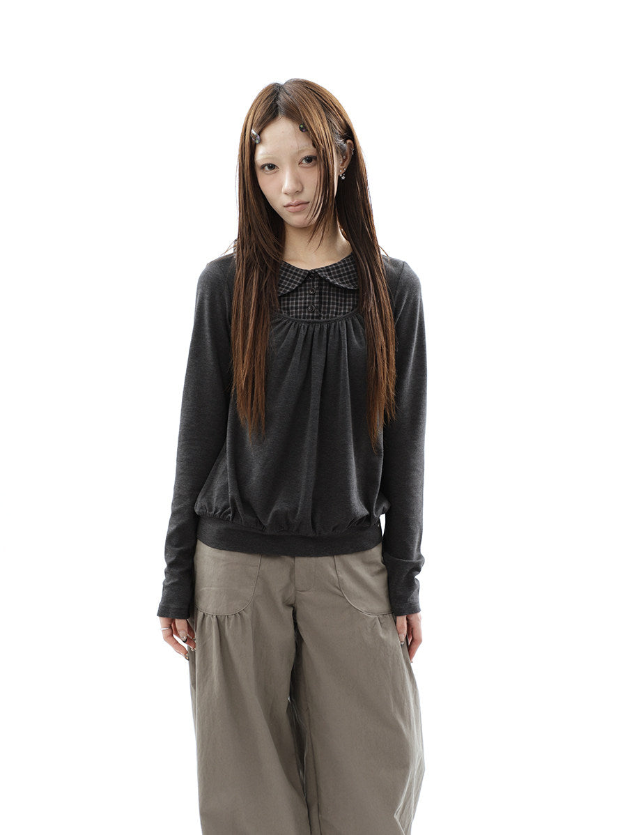 Plaid Collar Gathered Layered Long Sleeve Top