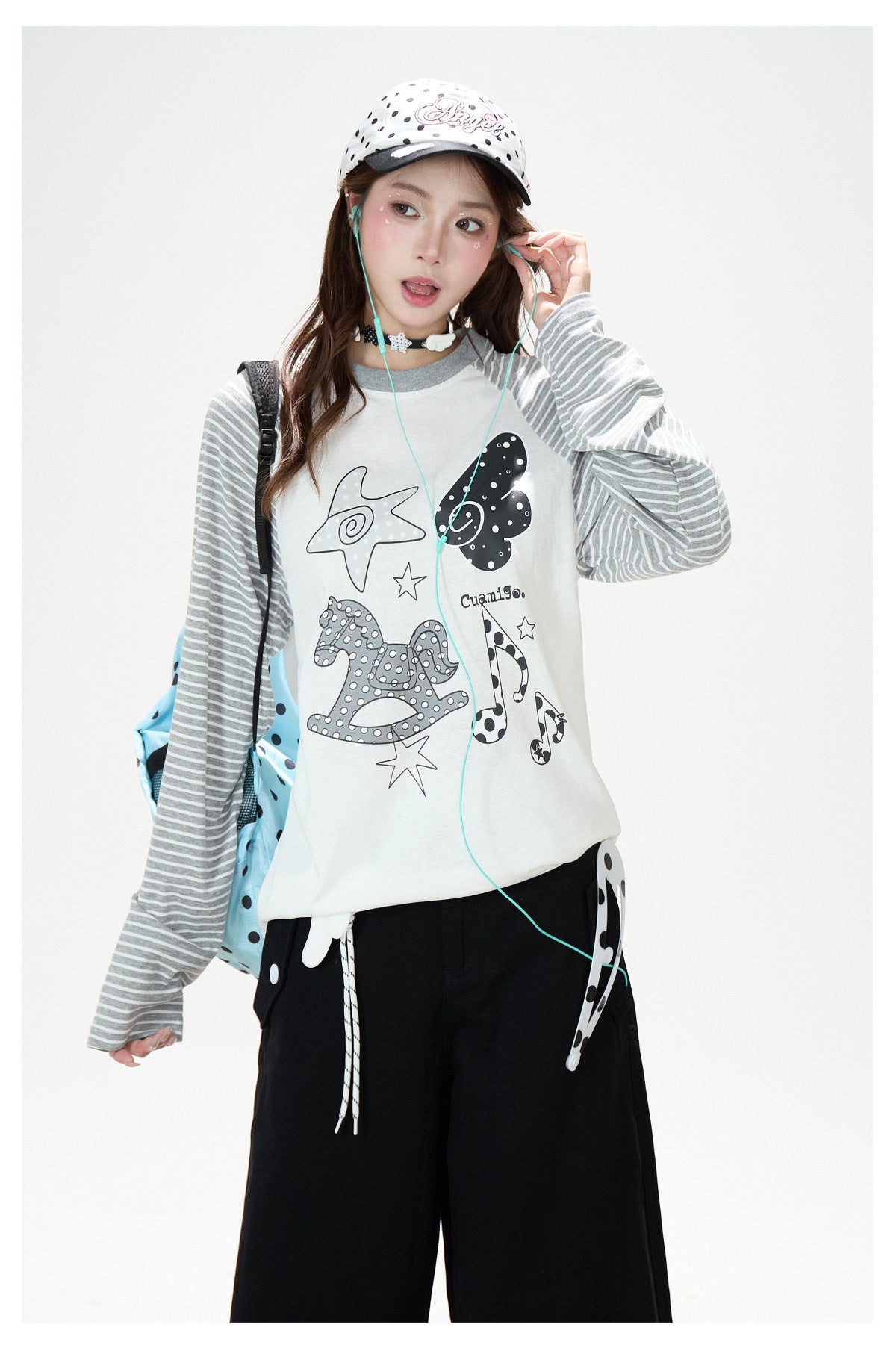 Playful Graphic Raglan Long Sleeve Top & Polka Dot Waist Wide-Leg Pants