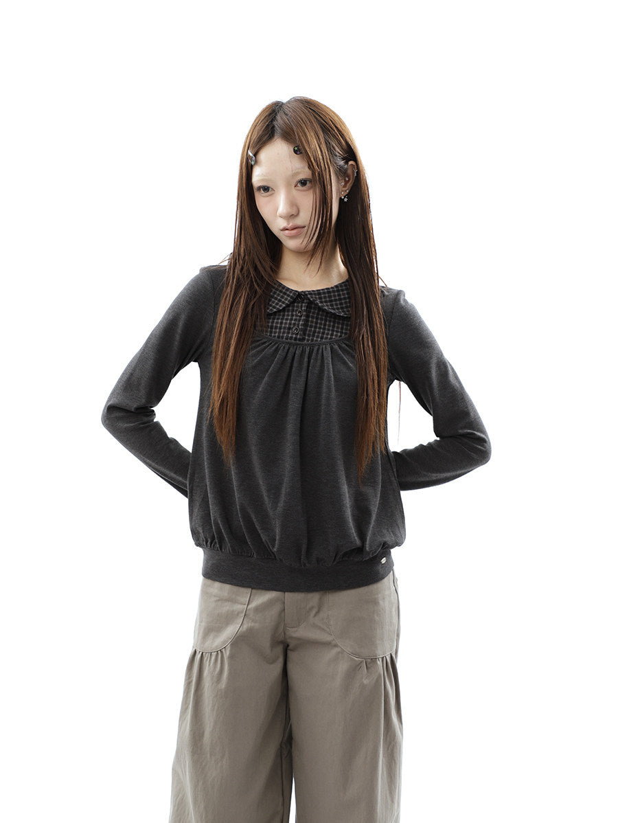 Plaid Collar Gathered Layered Long Sleeve Top