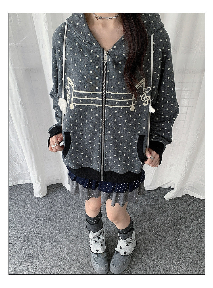 Polka Dot Music-Note Embroidered Zip Hoodie