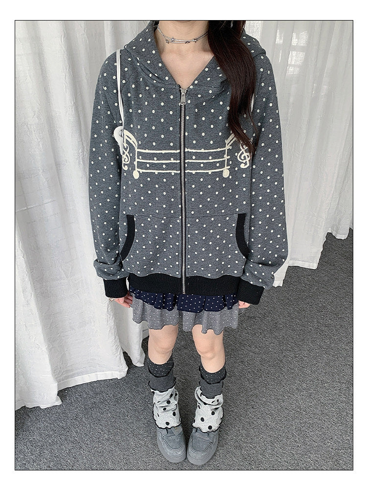Polka Dot Music-Note Embroidered Zip Hoodie