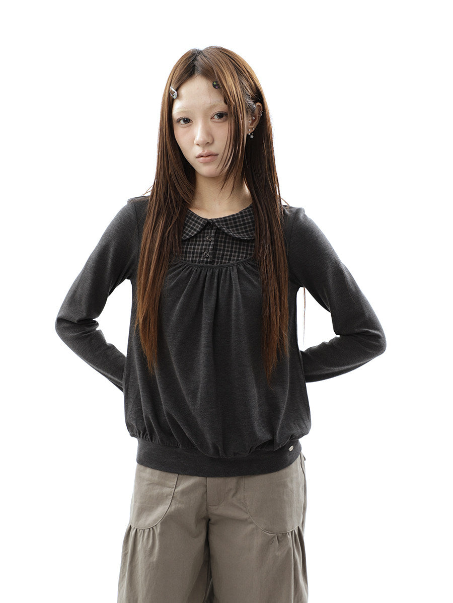 Plaid Collar Gathered Layered Long Sleeve Top