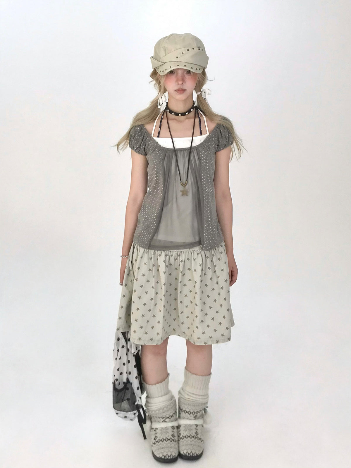 Polka Dot Mesh Panel Faux-Layered Short Sleeve Top