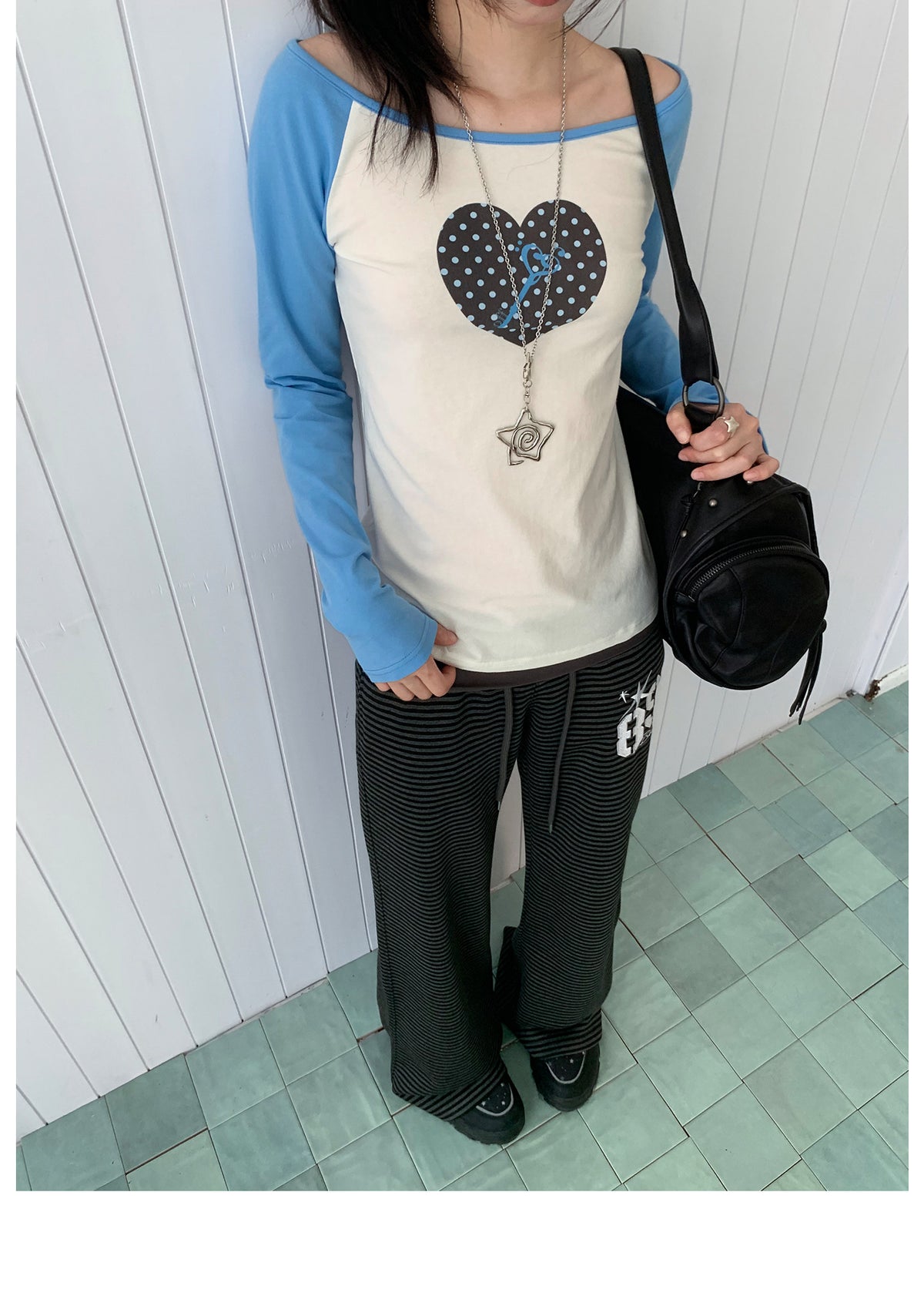 Polka Dot Heart Key Contrast Raglan Long Sleeve Tee
