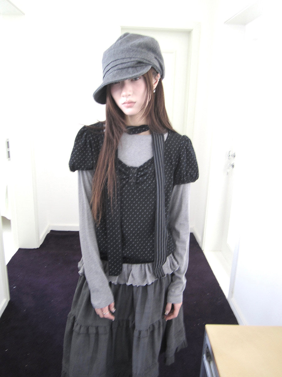 Polka Dot Layered Two-Piece Top Set with Scarf