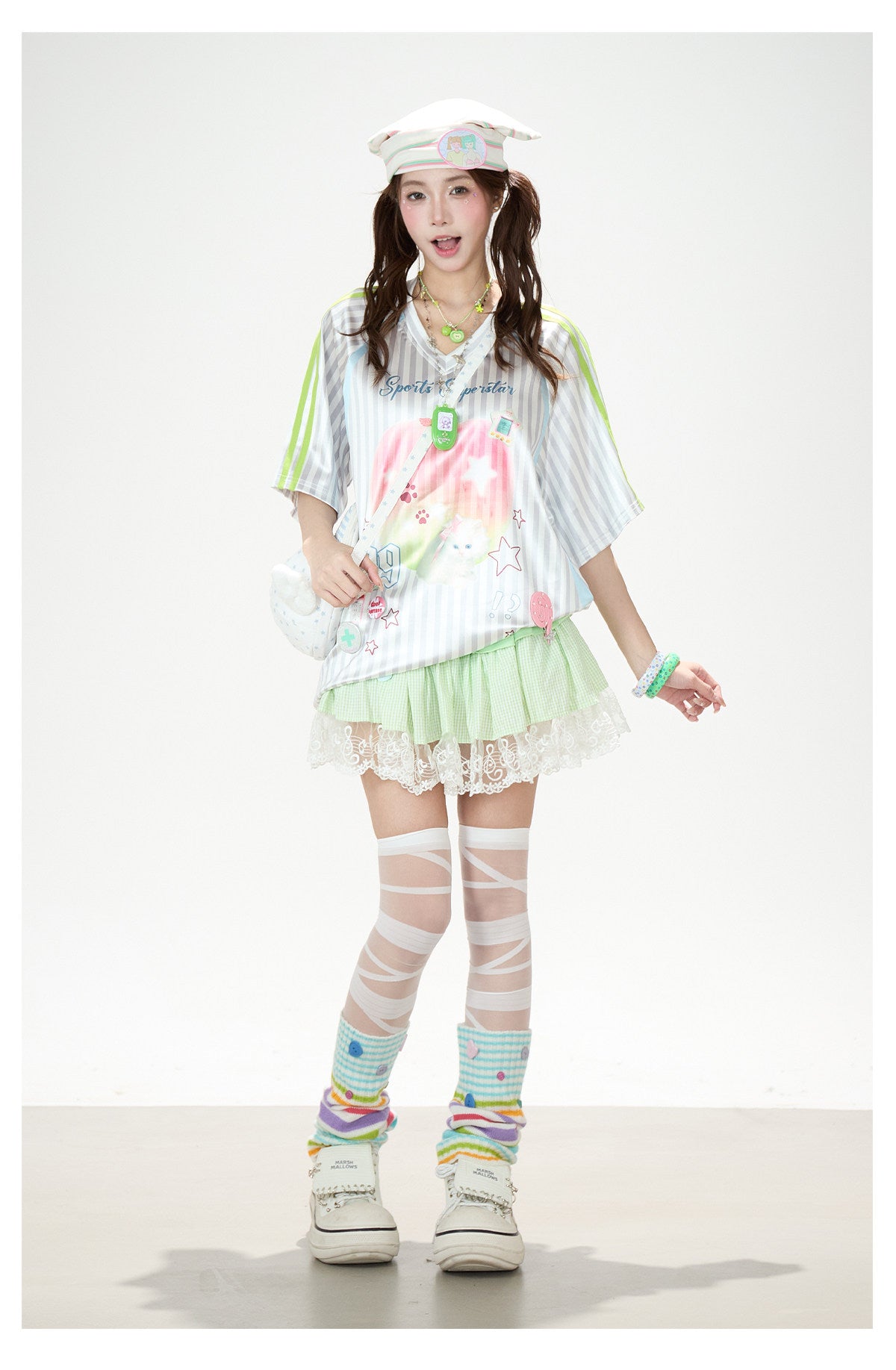 Striped Kitty Graphic V-Neck Tee & Layered Gingham Ruffle Skirt
