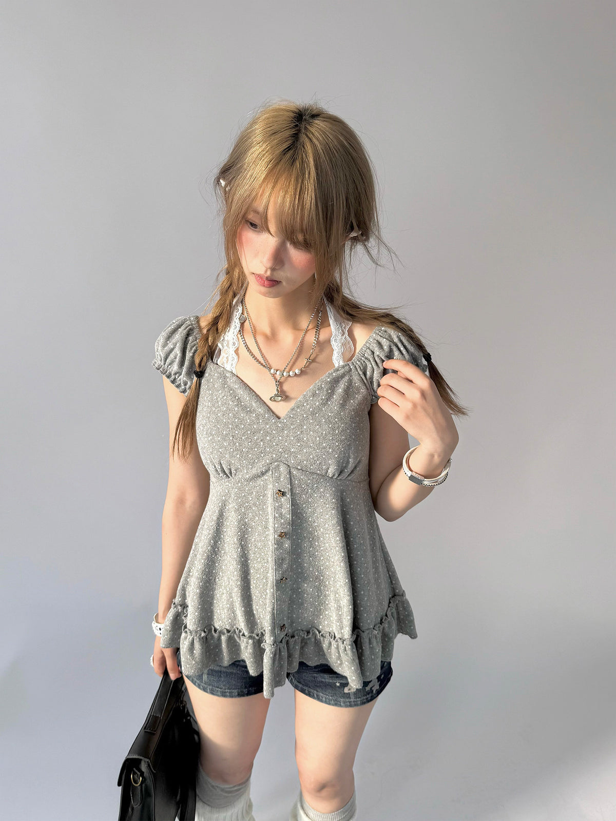 Polka Dot Lace Halter Ruffle Tee