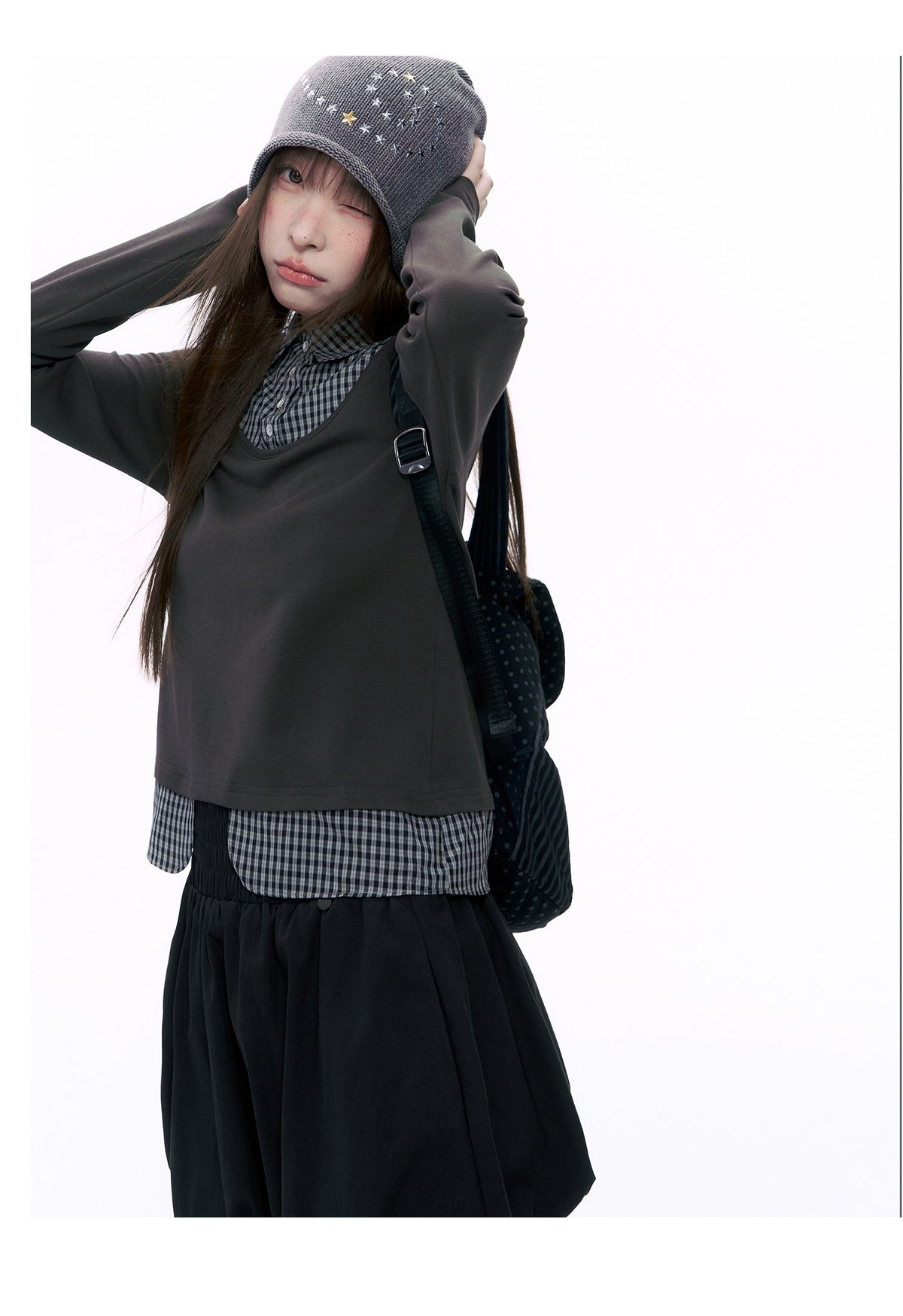 Plaid Collar Faux-Layer Long Sleeve Top