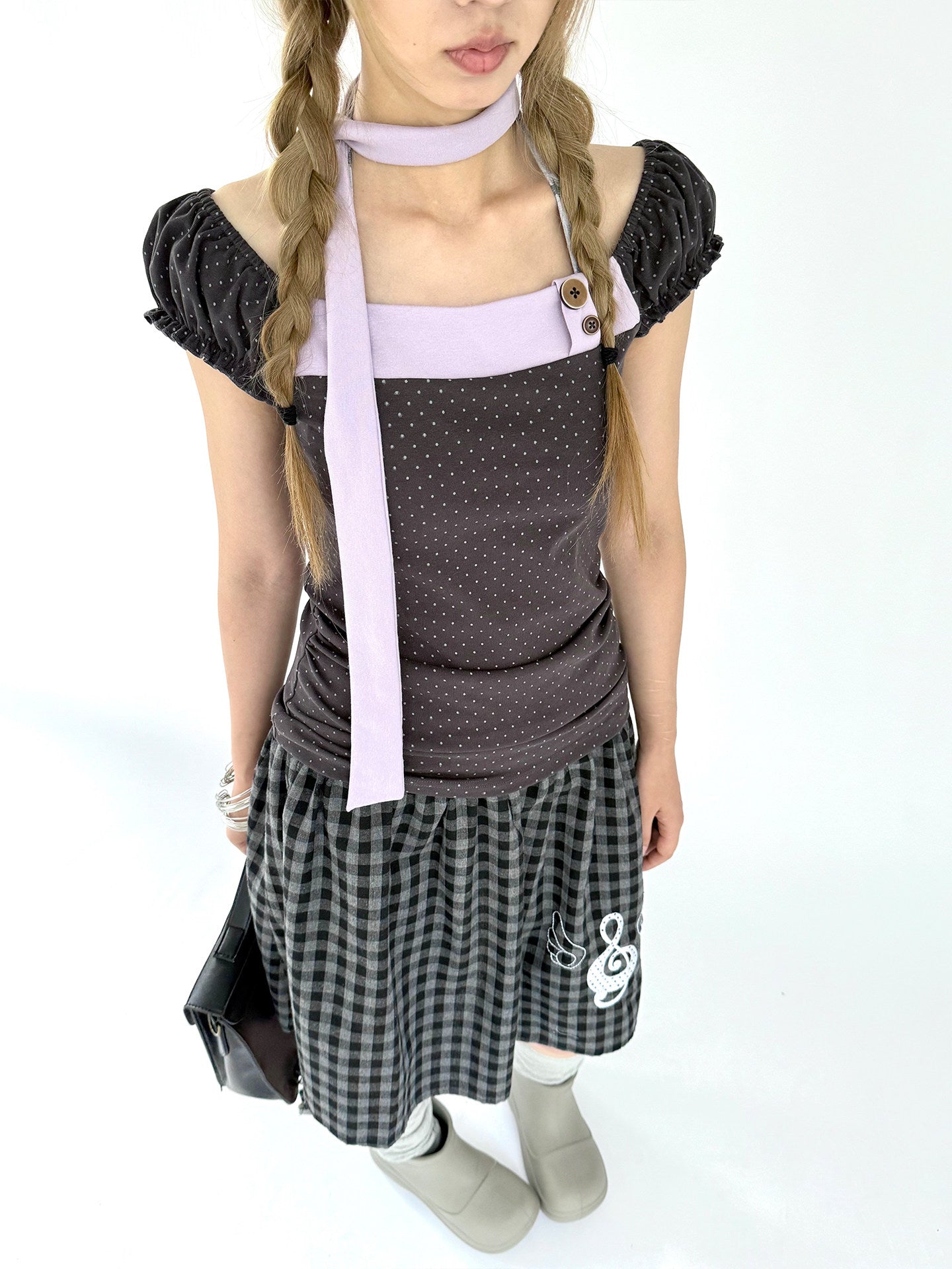 Lavender Bow Polka Dot Fitted Puff-Sleeve Top