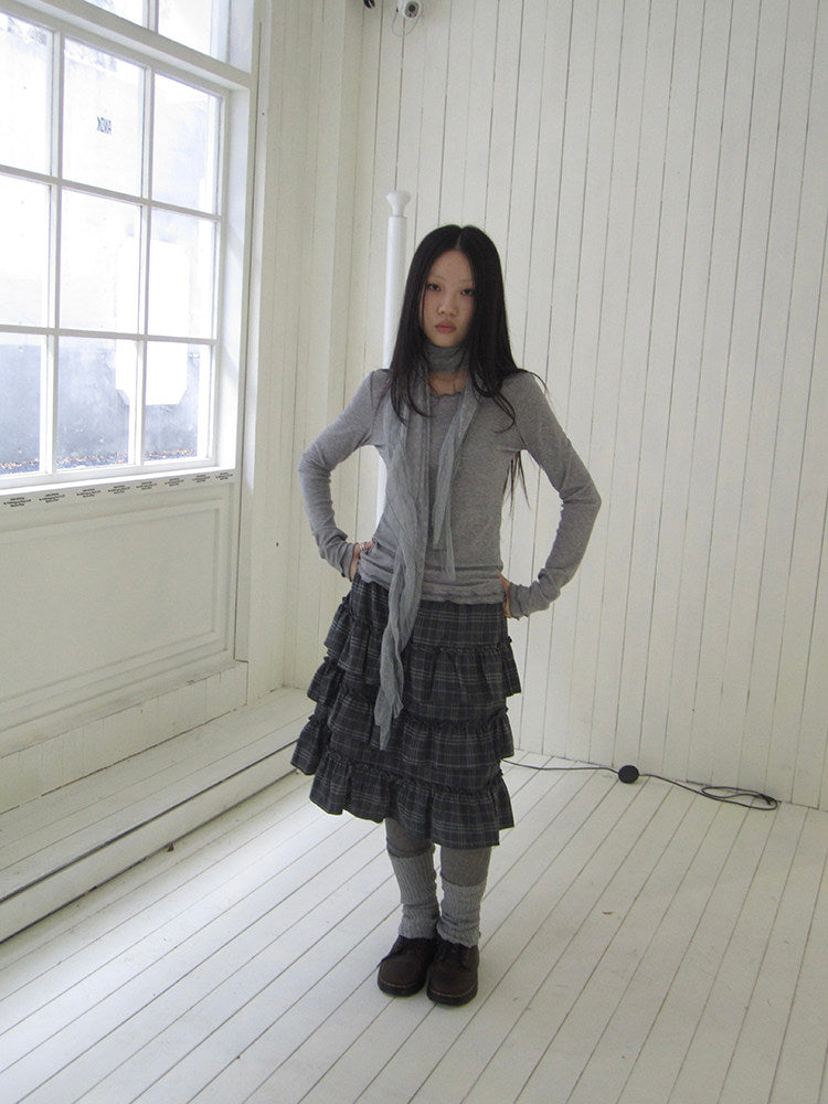Vintage Gray Plaid Tiered Ruffle Skirt