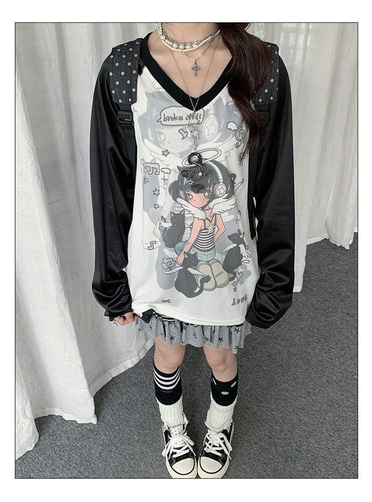 Angel Girl Graphic V-Neck Long Sleeve Top