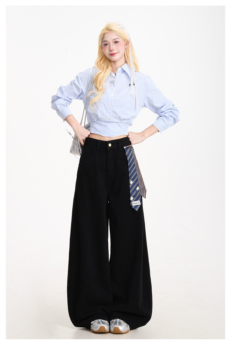 Curved-Leg Wide-Leg Pants with Detachable Tie