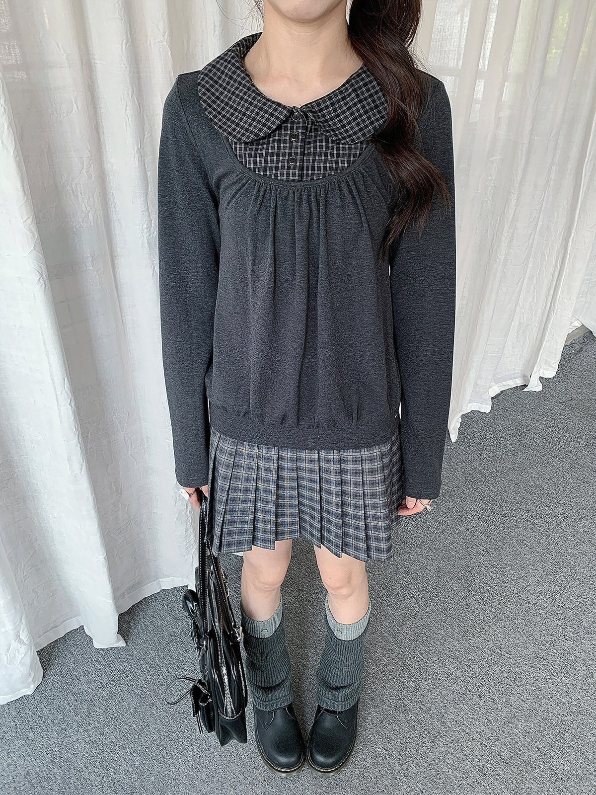 Plaid Collar Layered Long Sleeve Top