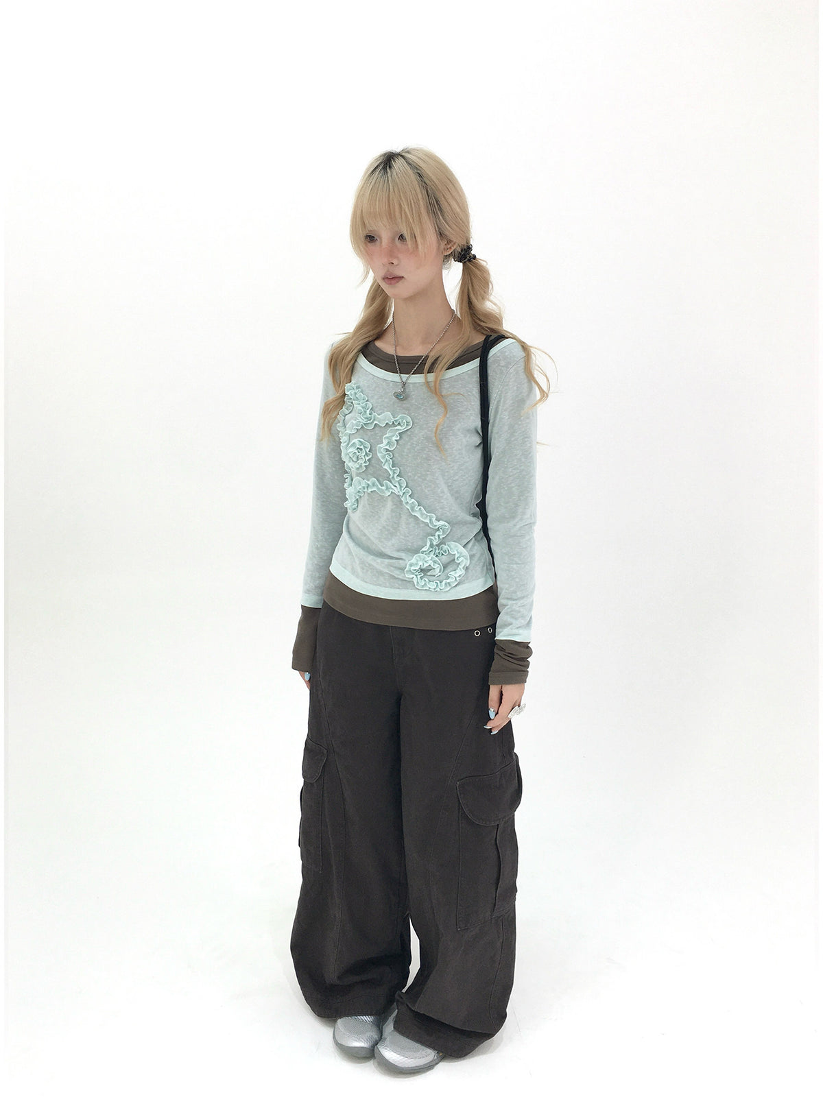 Mist Aqua Ruffle Star Faux-Layer Long Sleeve Top