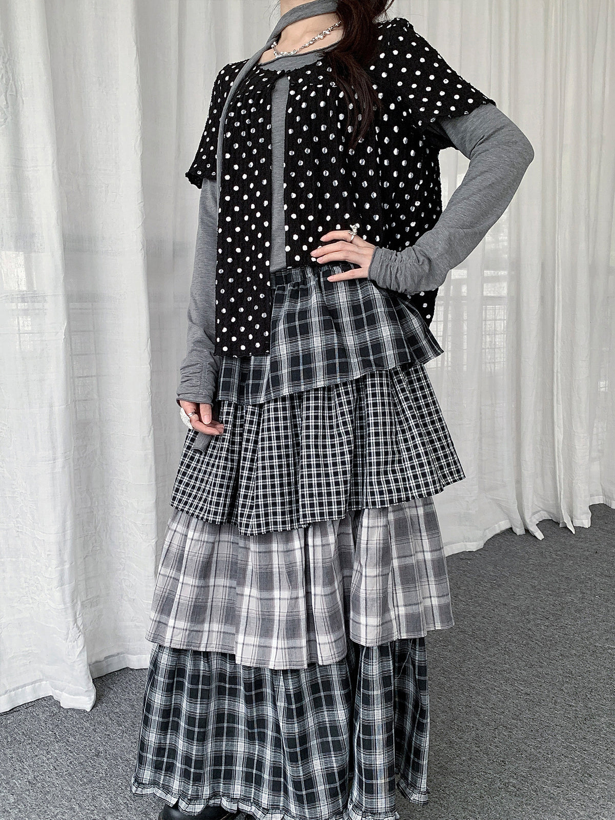 Mixed Plaid Tiered Maxi Skirt