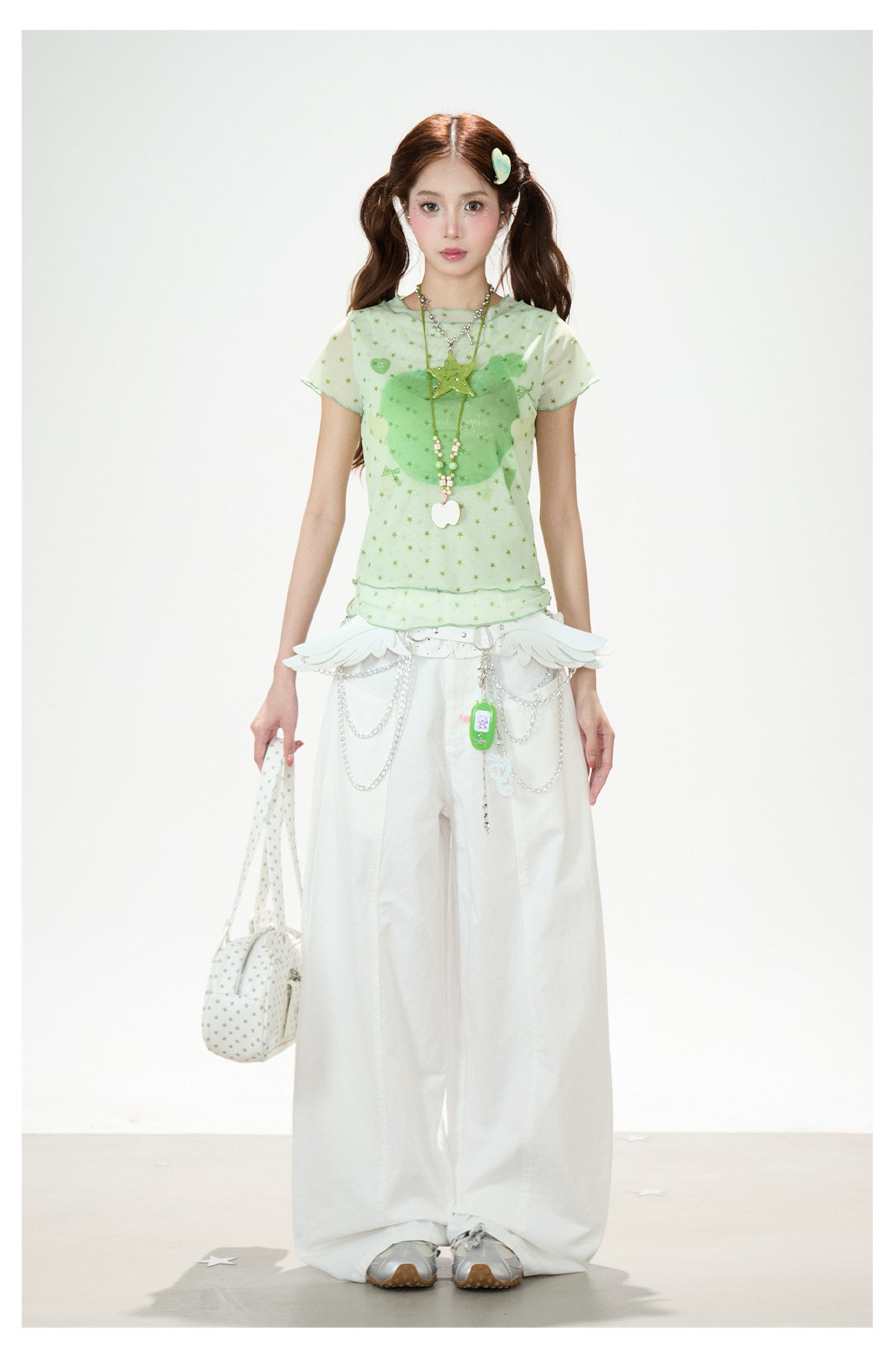 Star Mesh Baby Tee & White Wide-Leg Pants