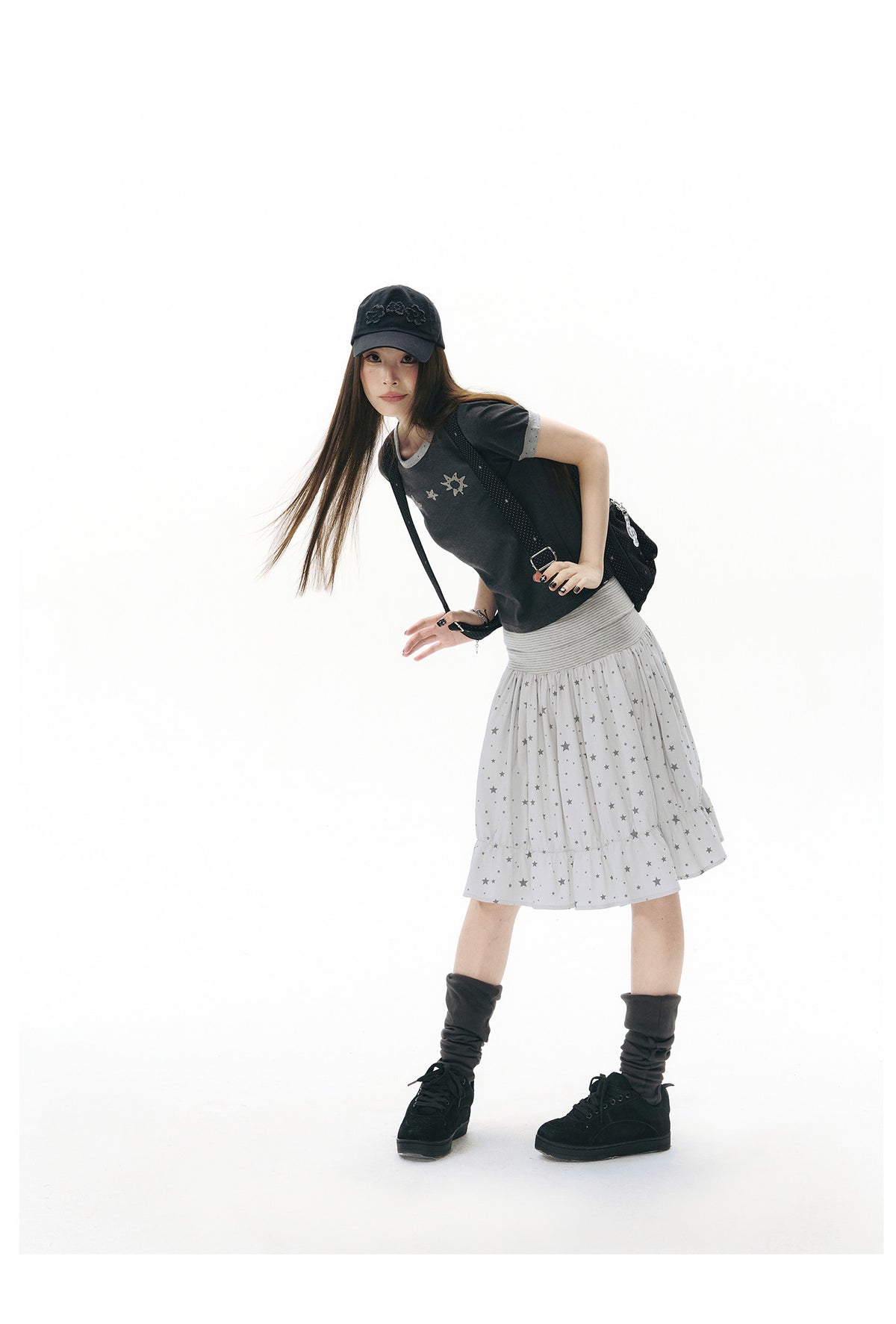 Star Print Striped-Waist Ruffle Midi Skirt