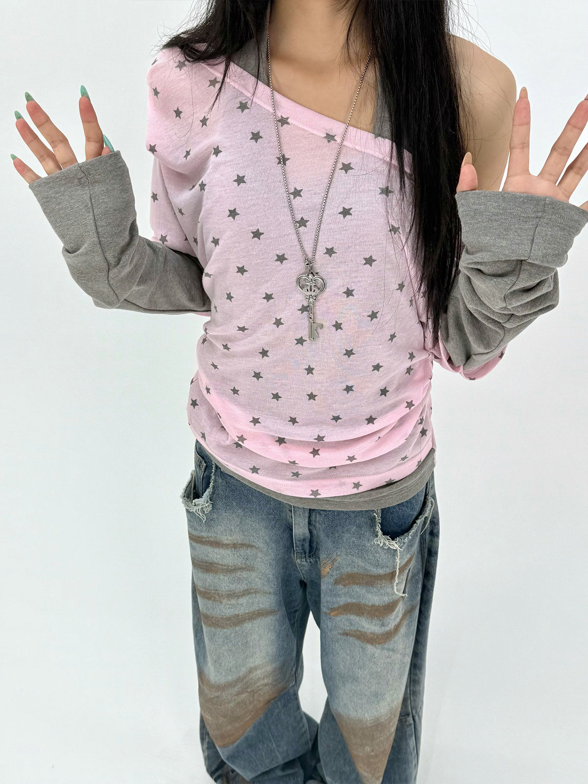 Star Print Faux-Layered Off-Shoulder Long Sleeve Top