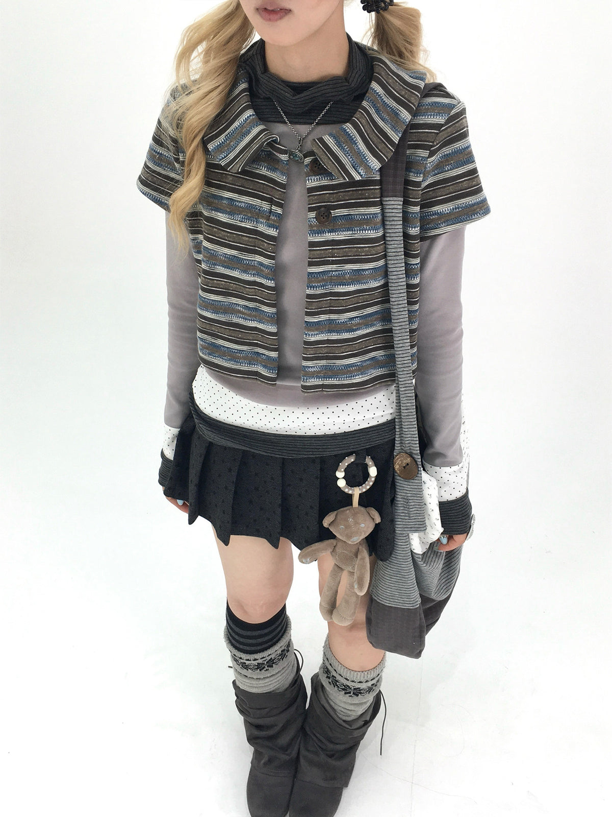 Vintage Blue Stripe Cropped Knit Cardigan Jacket