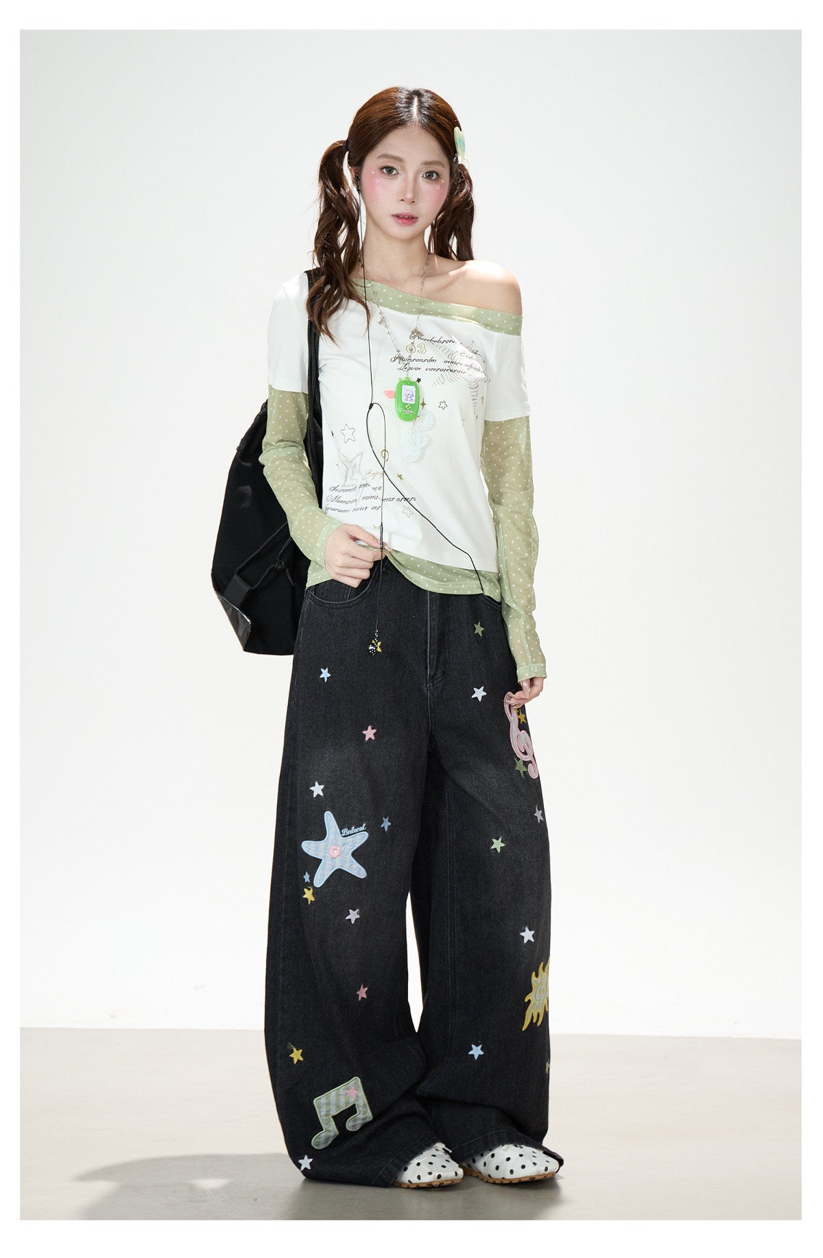 Star Music Note Embroidered Washed Wide-Leg Jeans