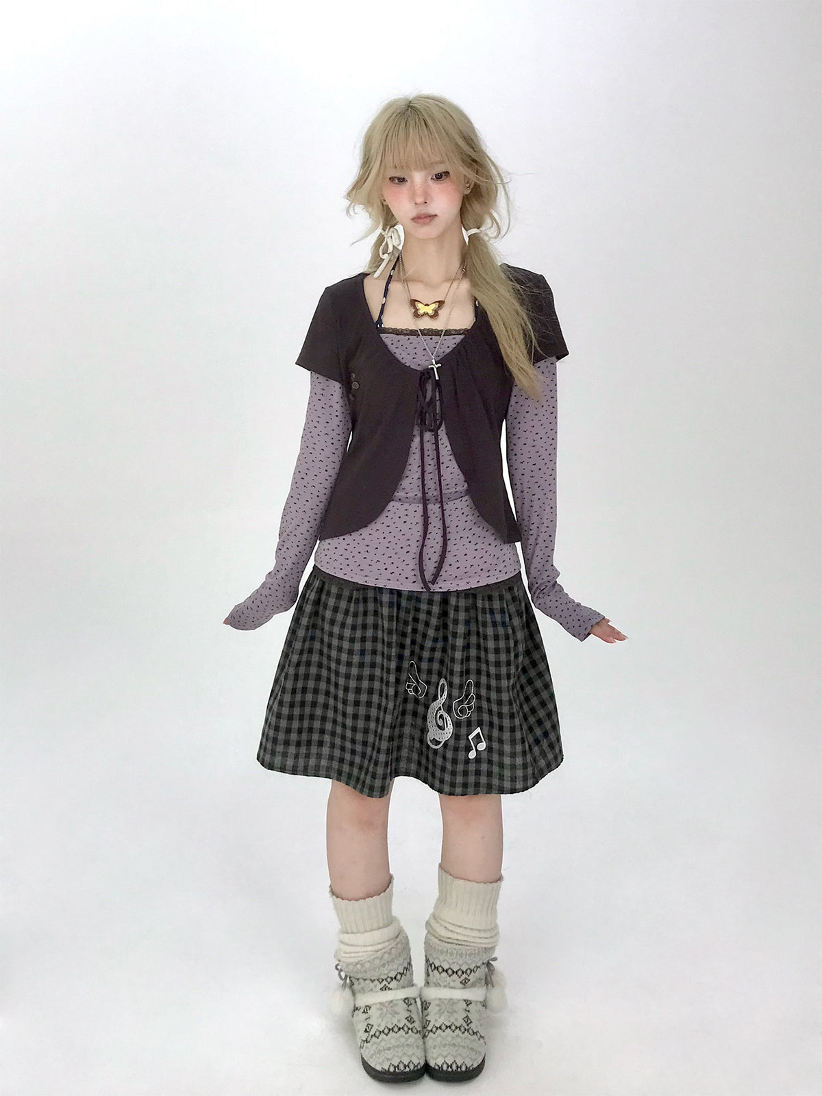 Striped Polka Dot Faux-Layered Button Long Sleeve Top