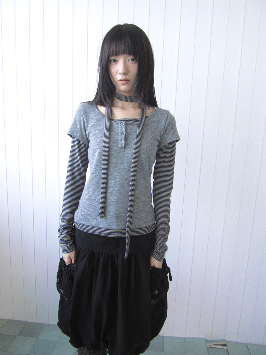 Striped Layered Scarf Henley Long Sleeve Top