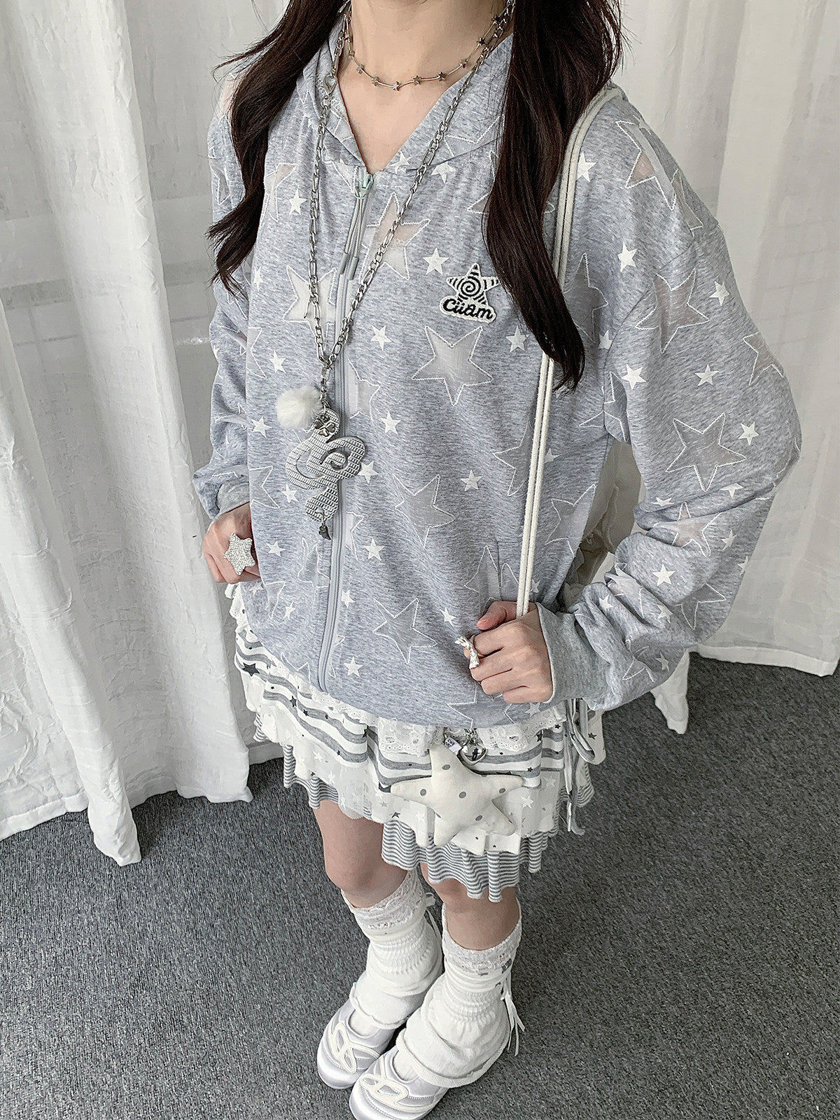 Gray Star Print Lightweight Zip-Up Hoodie