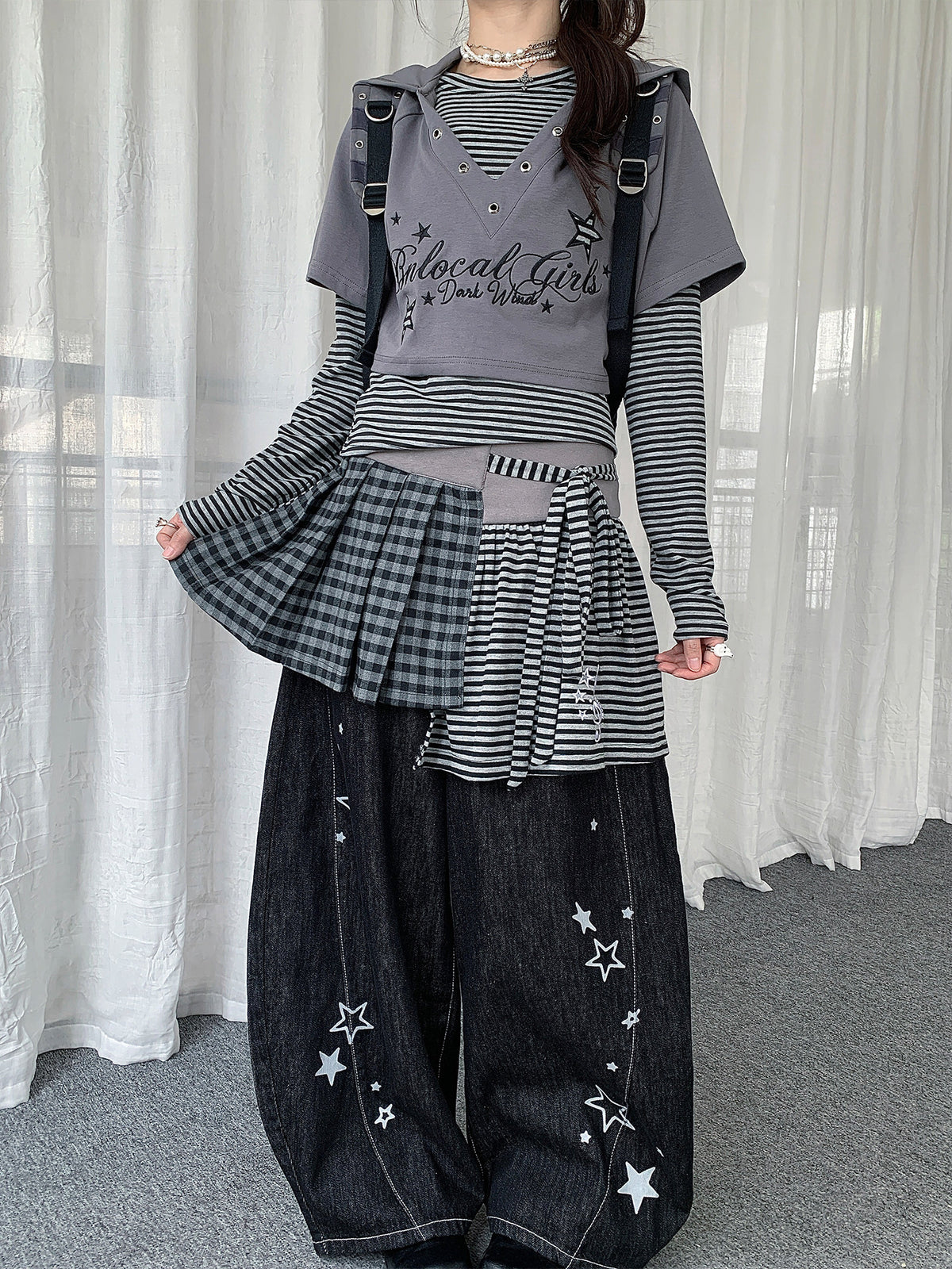 Music Note Plaid & Stripe Asymmetrical Mini Skirt