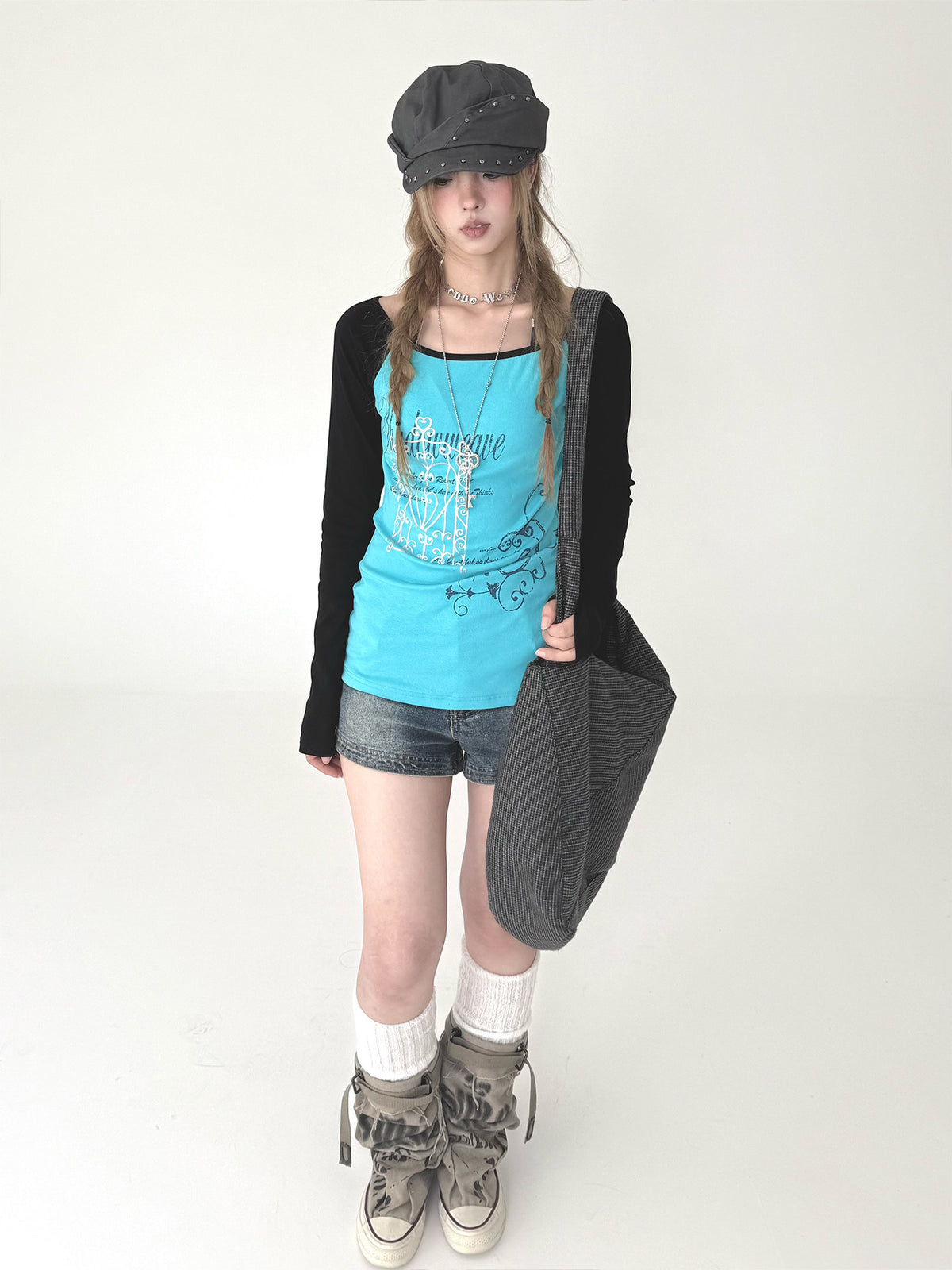 Aqua Contrast Graphic Raglan Long Sleeve Top
