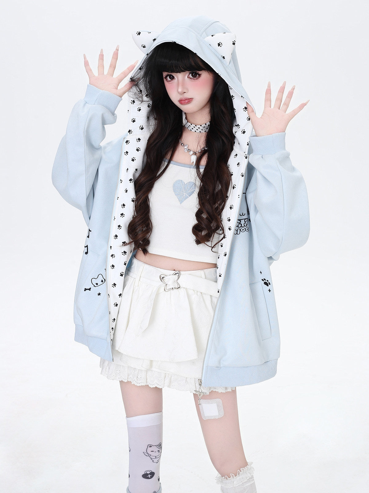 Cat Paw Embroidered Cat-Ear Zip Hoodie