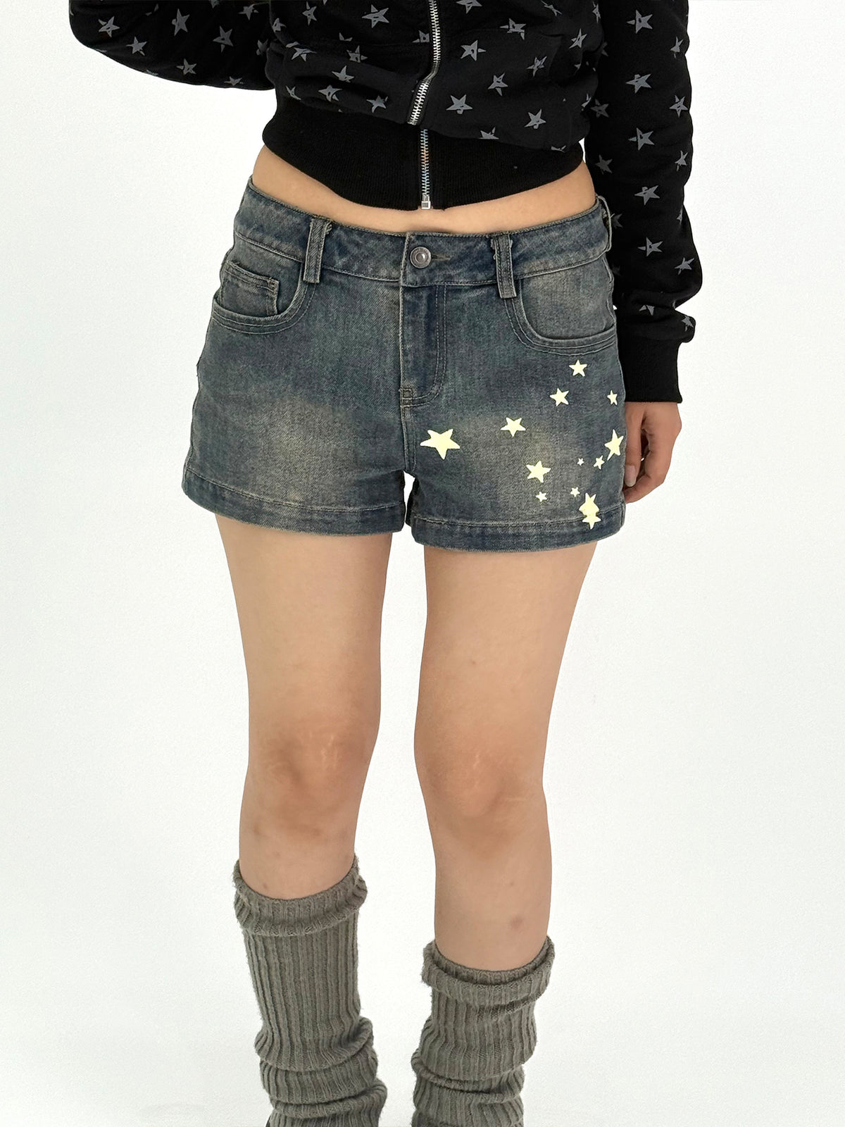 Star Print Washed Low-Rise Denim Shorts