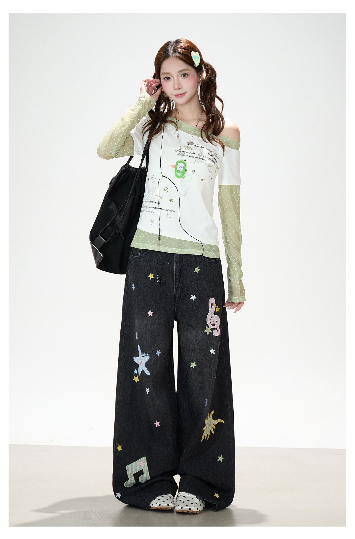 Music Note & Star Embroidered Washed Wide-Leg Jeans