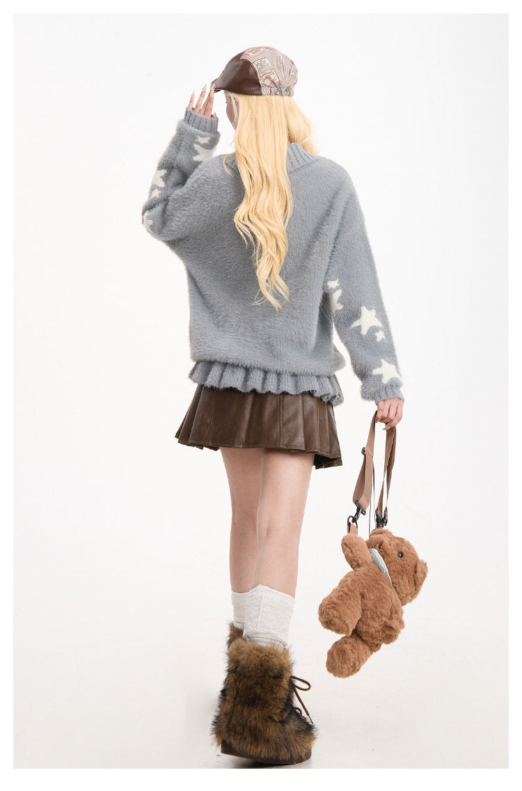 Puppy Graphic Bow-Collar Oversized Knit Sweater