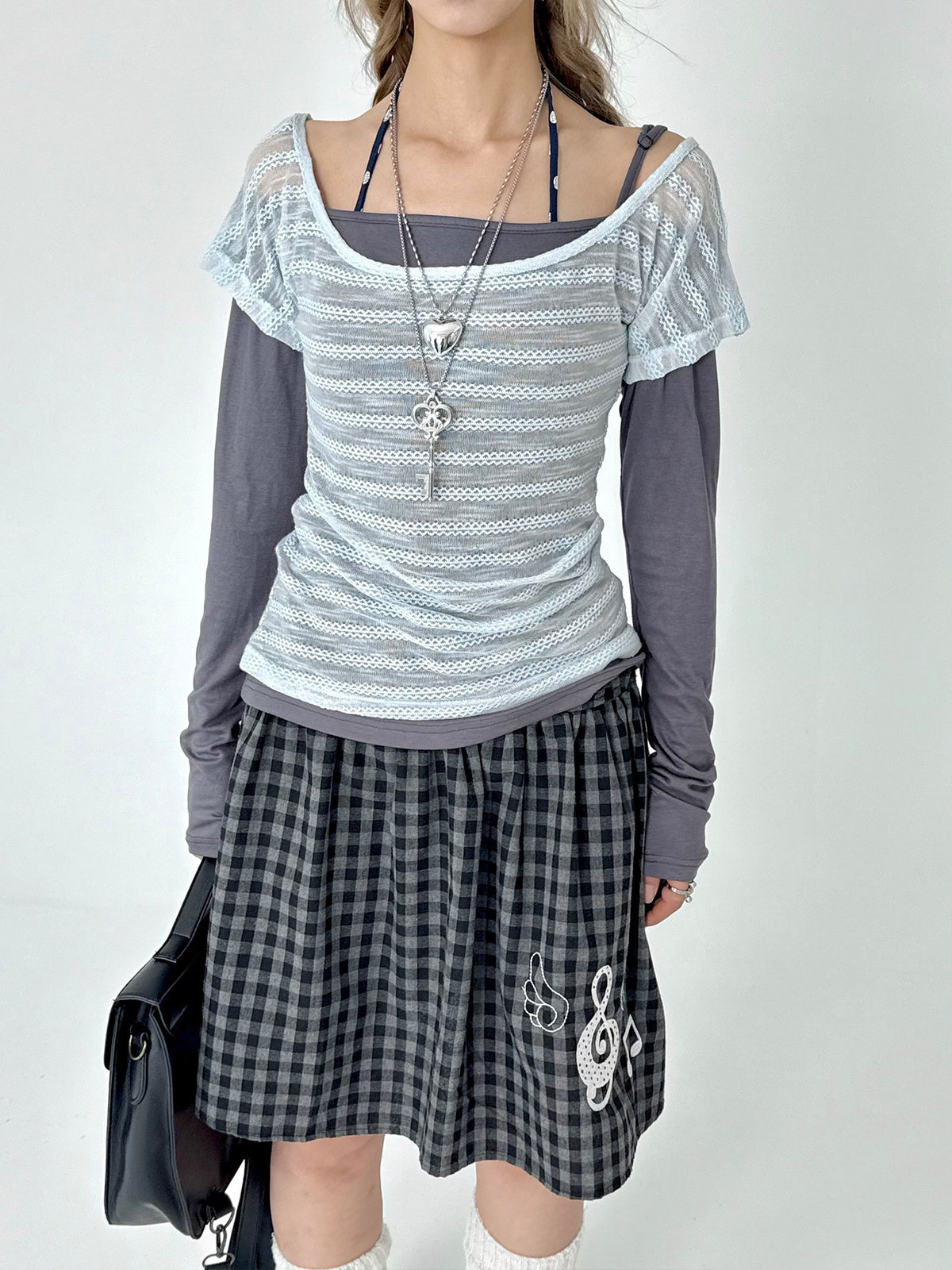 Asymmetric Mesh Faux-Layered Long Sleeve Top
