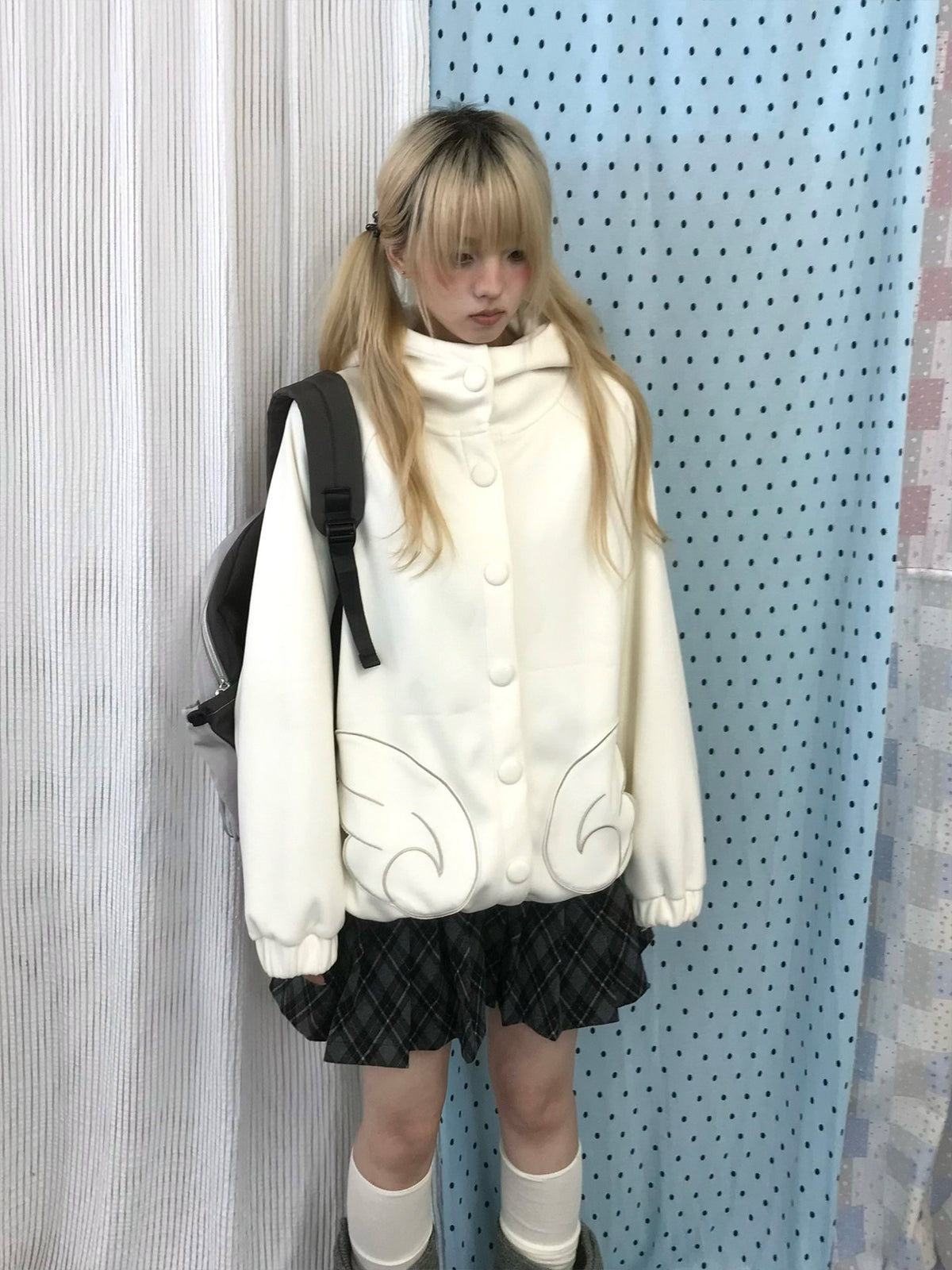 Dusty Blue & Ivory Fleece-Lined Cat Ear Wing Pocket Hooded Jacket