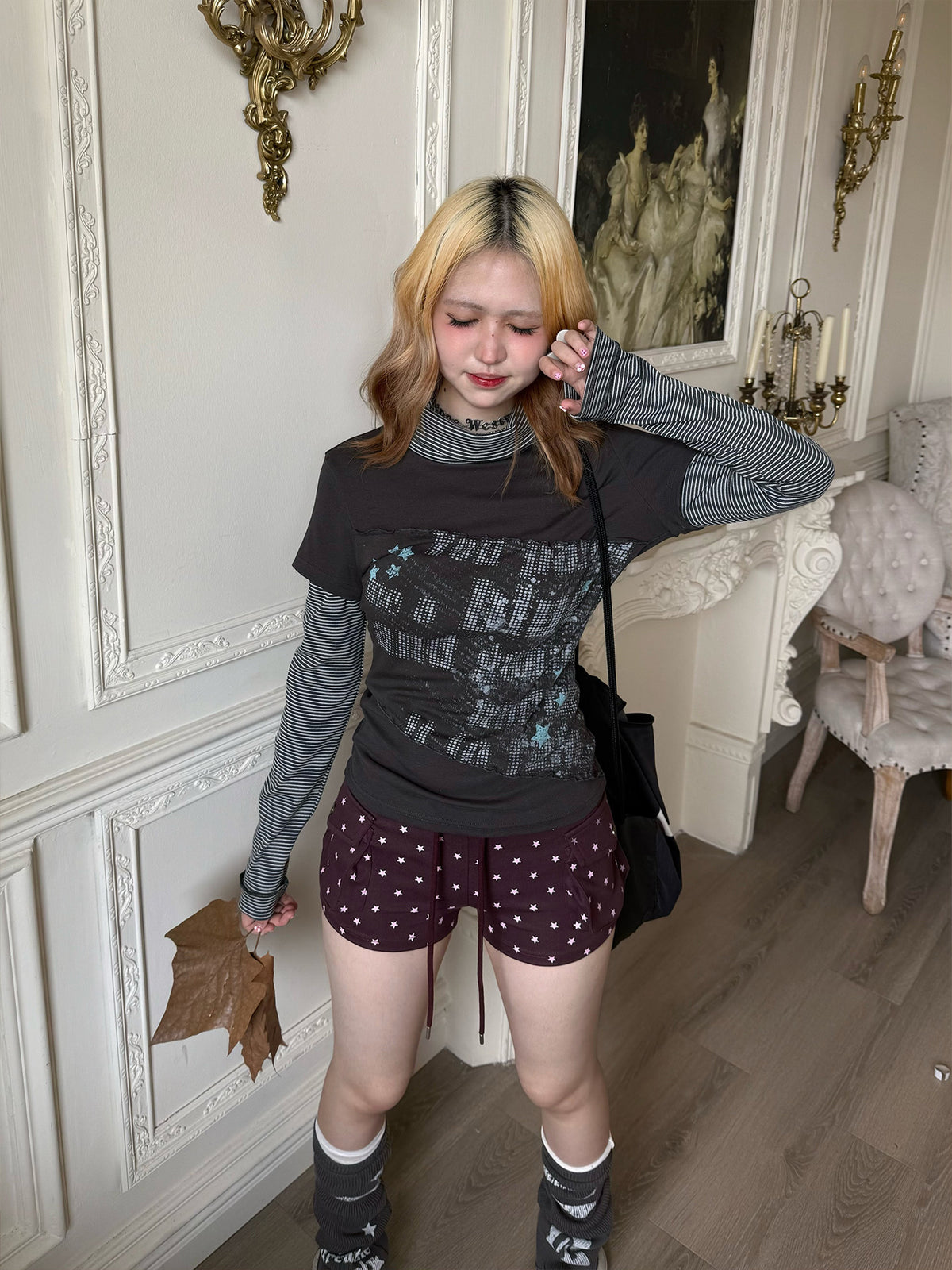 Striped Mock Neck Faux-Layer Graphic Long Sleeve Top