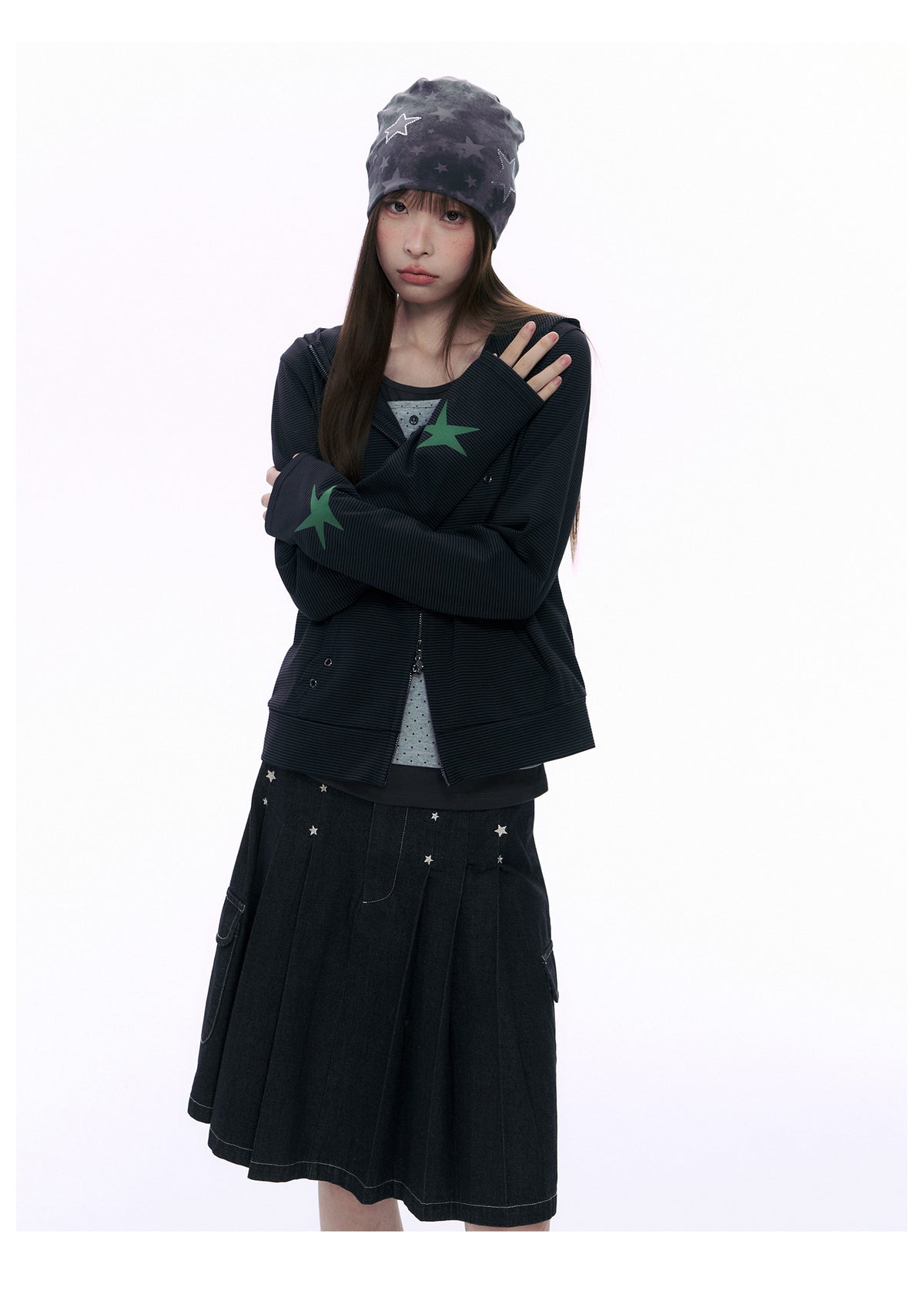 Embroidered Star Pleated Denim Midi Skirt