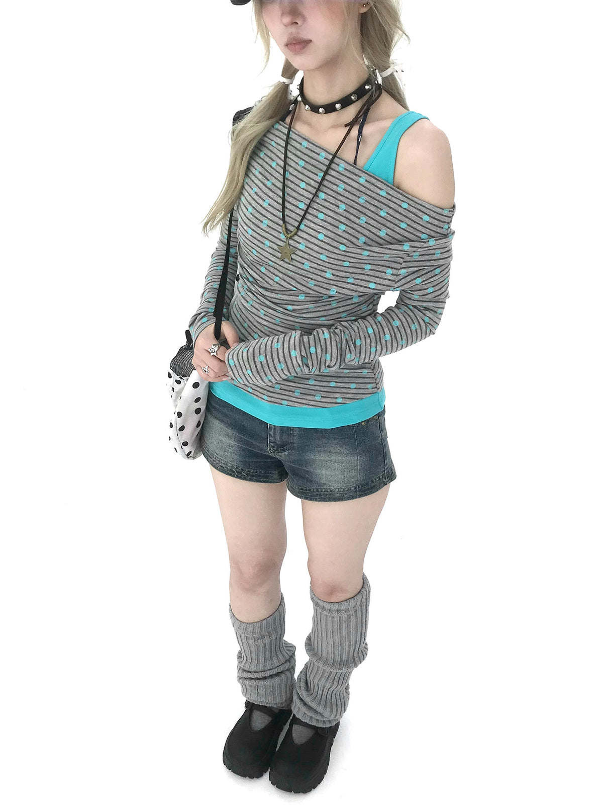 Polka Dot Asymmetric Layered Long Sleeve Top
