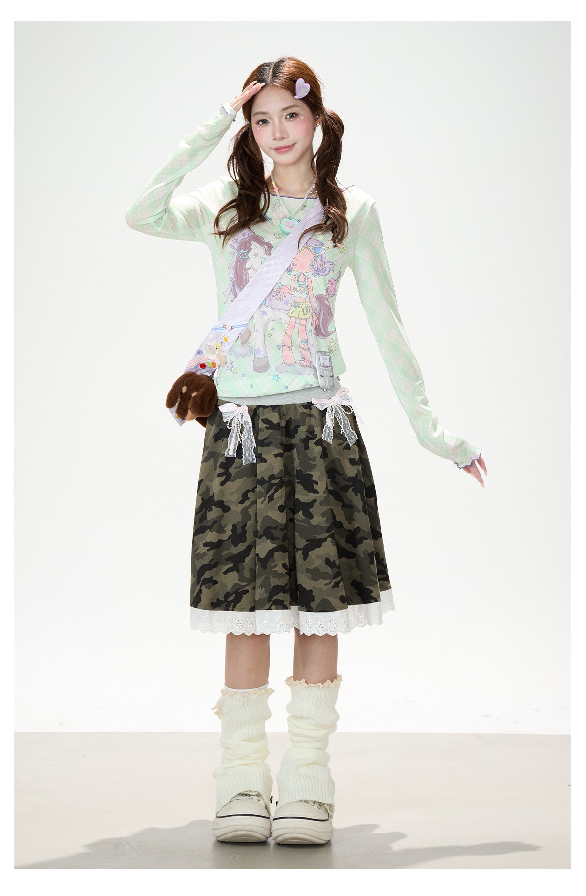 Dreamy Cartoon Plaid Long Sleeve Top & Camo Lace Midi Skirt