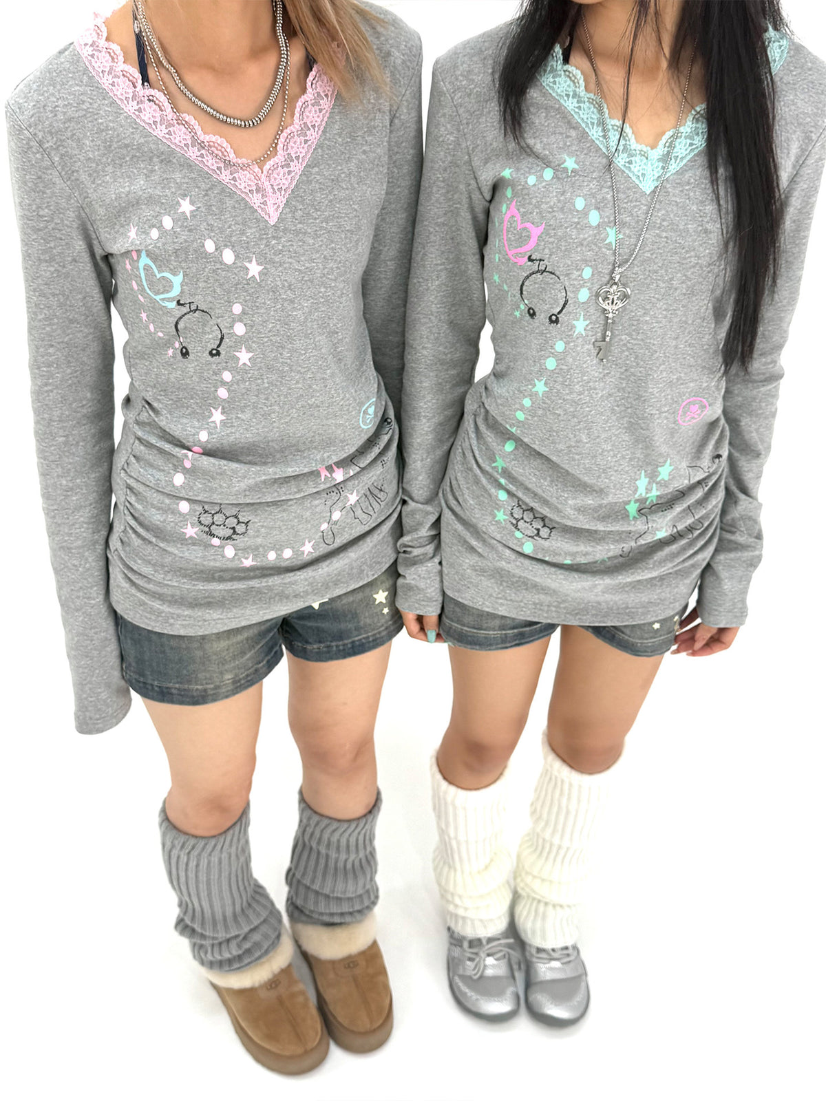 Lace-Trim V-Neck Graphic Long Sleeve Top