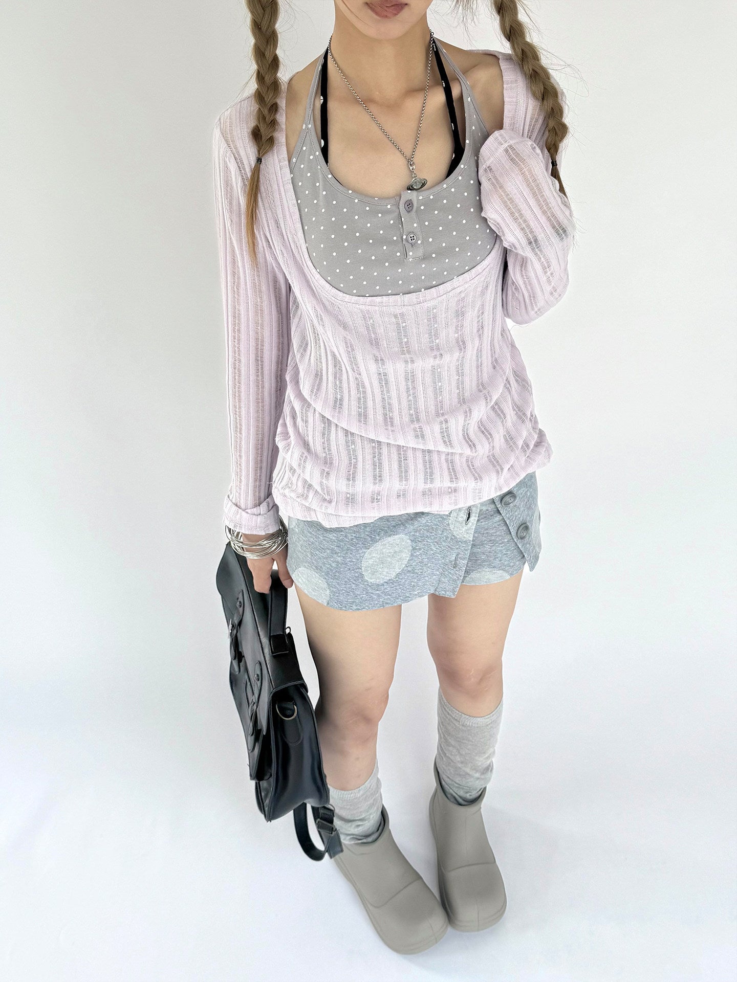 Wisteria Open-Knit Faux-Layer Long Sleeve Top