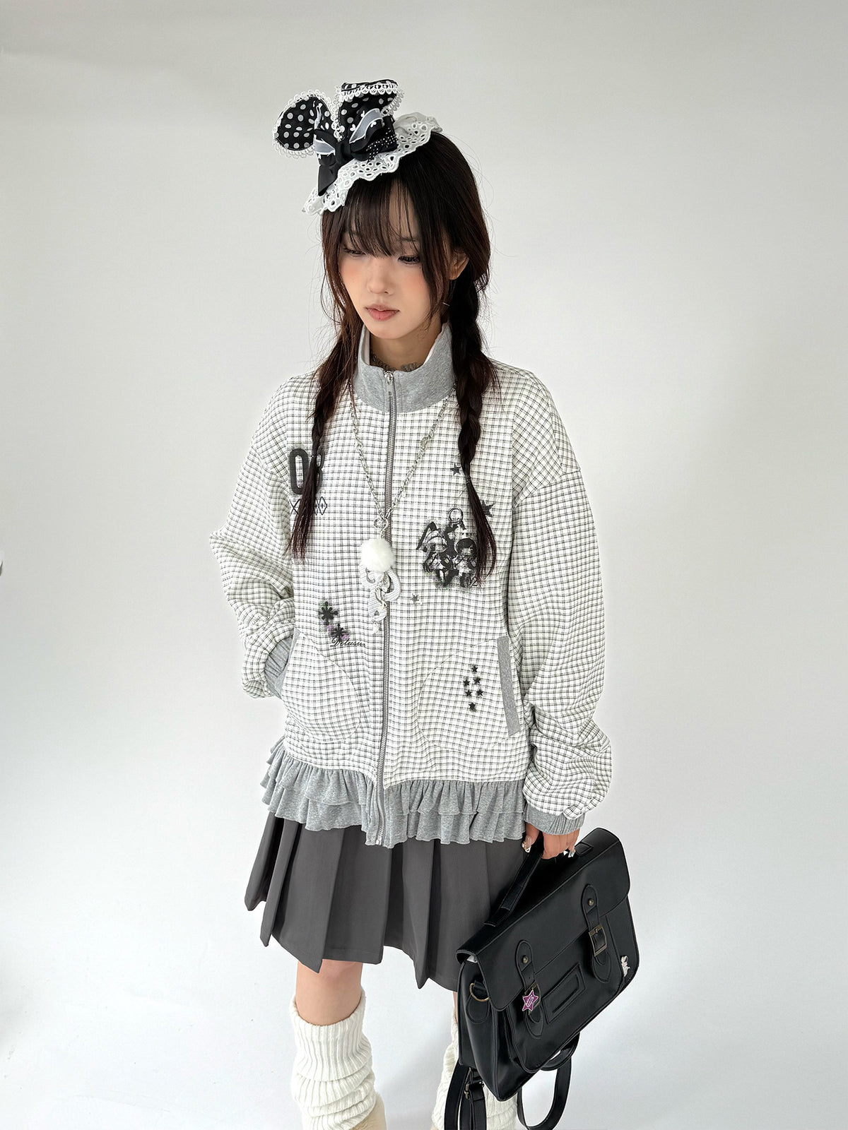 Sugar Check Graphic Ruffle-Hem Zip-Up Jacket