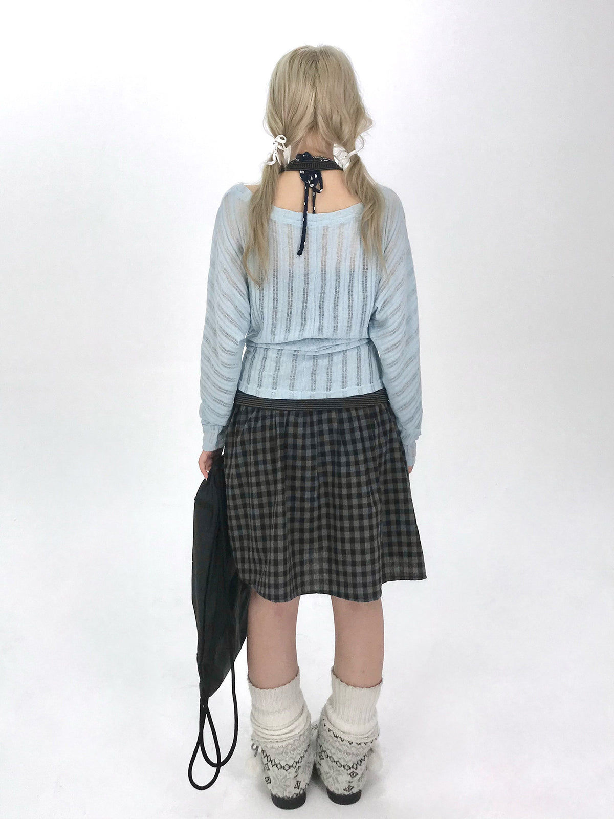 Icy Blue Striped Halter-Layered Long Sleeve Top