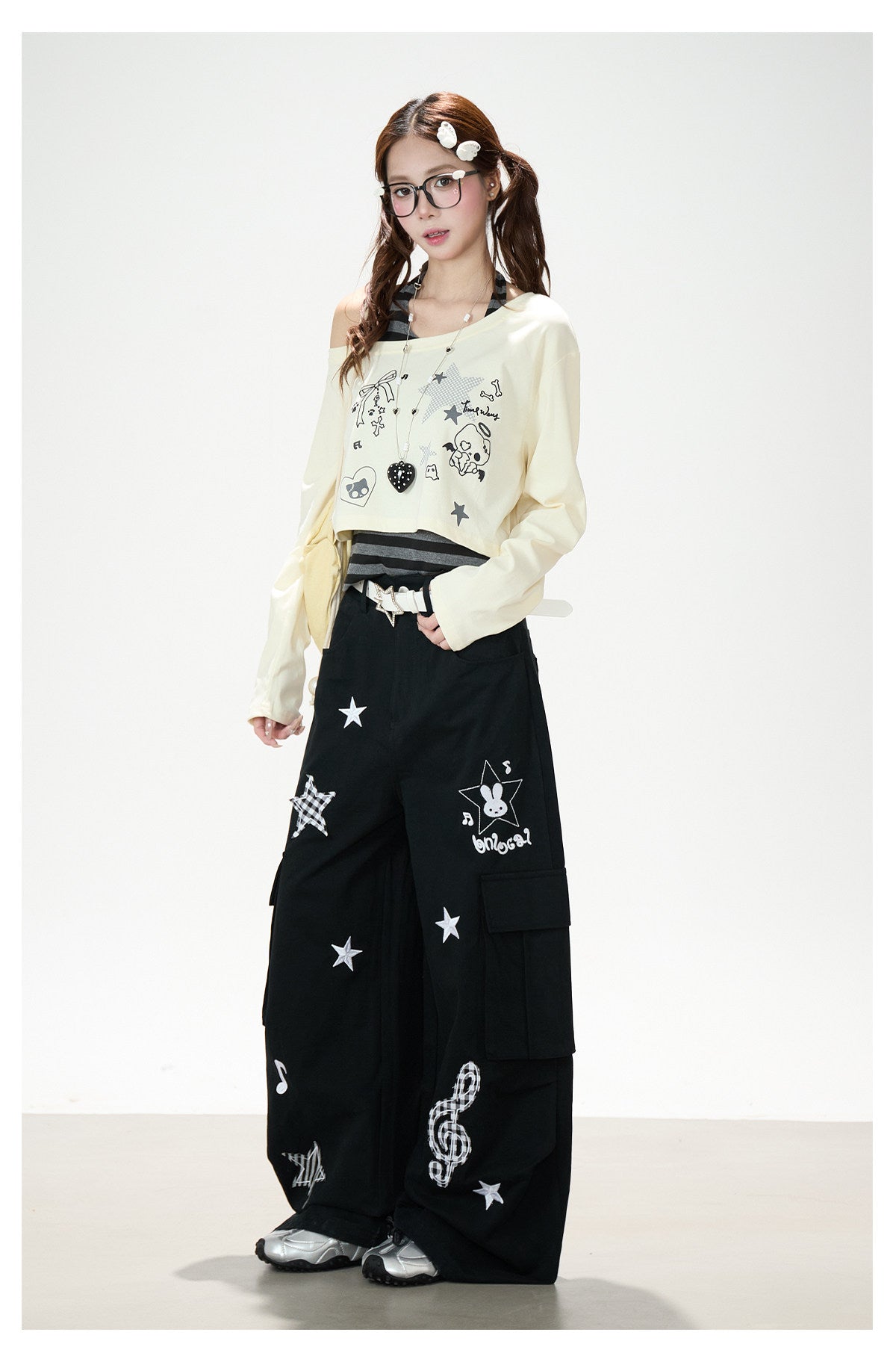 Cartoon Patch Embroidered Wide-Leg Cargo Pants