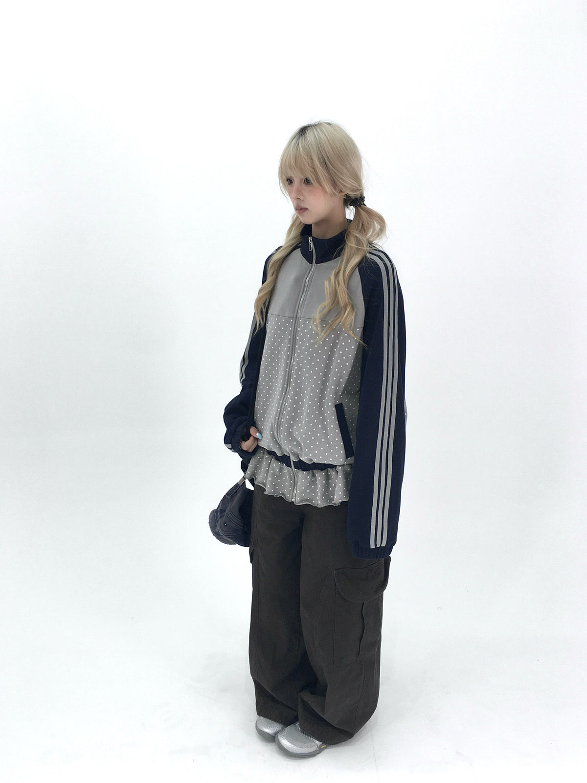 Gray Polka Dot Triple-Stripe Ruffle Zip Jacket