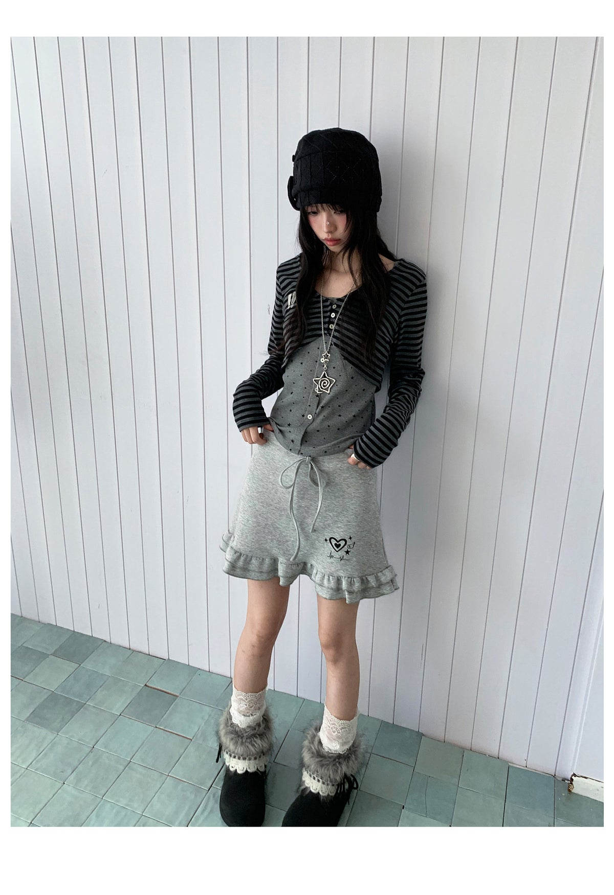 Heart Pulse Drawstring Ruffle Mini Skirt