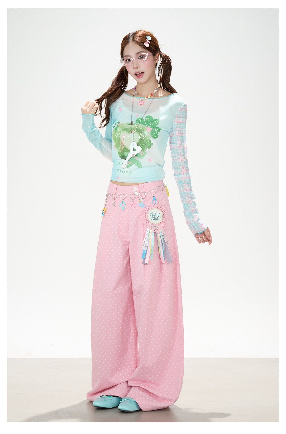 Apple Plaid Mesh Long Sleeve Top & Pink Polka Dot Wide Leg Pants